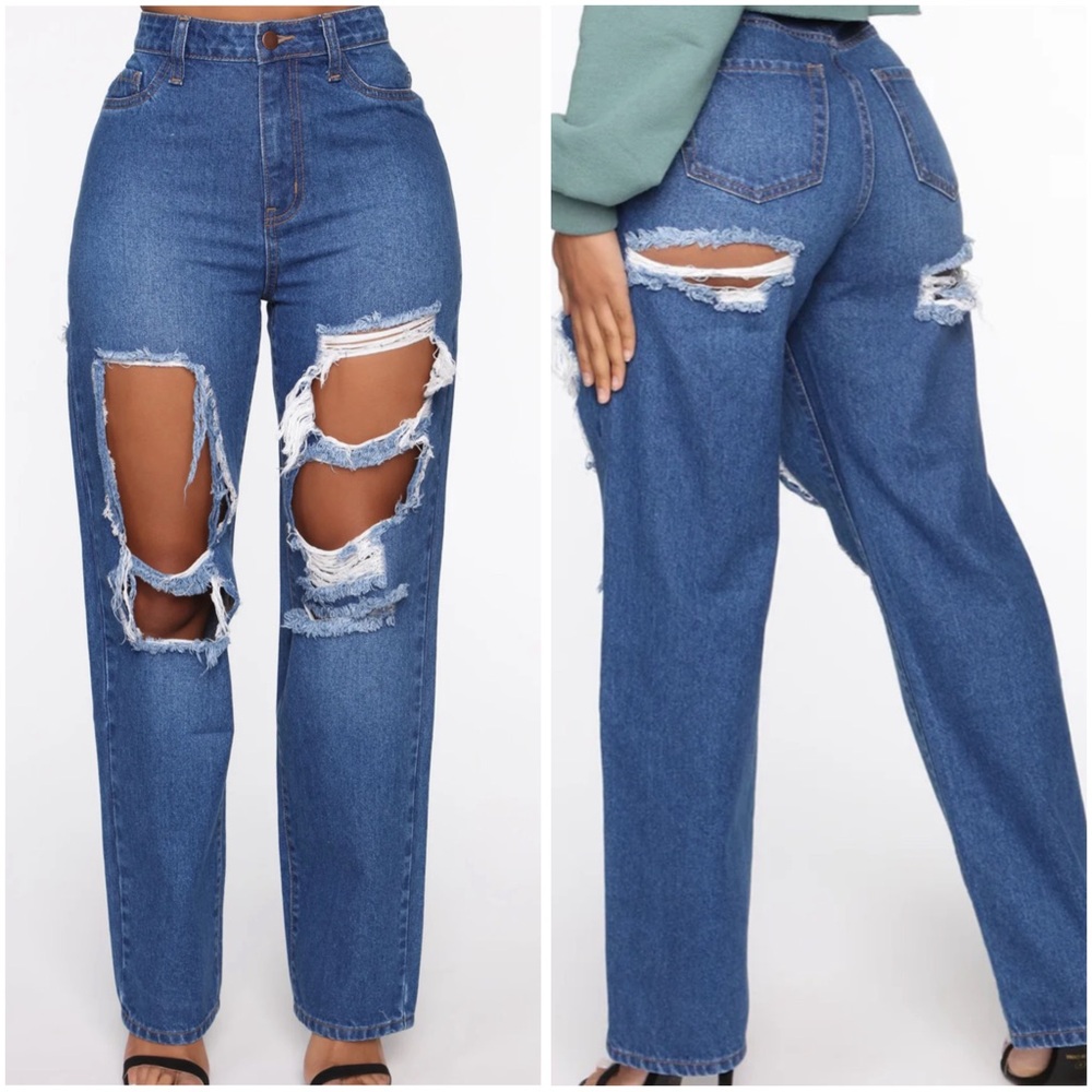 Fashion Nova Blue Straight Leg Distressed Jeans